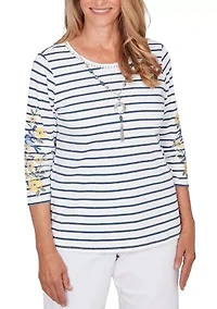 Petite Striped Top with Embroidered 3/4 Sleeves