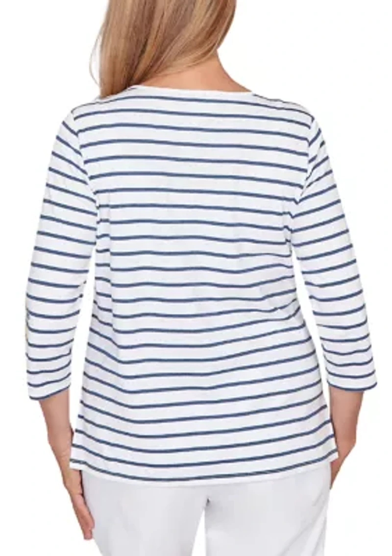 Petite Striped Top with Embroidered 3/4 Sleeves