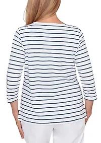Petite Striped Top with Embroidered 3/4 Sleeves