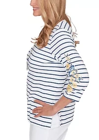 Petite Striped Top with Embroidered 3/4 Sleeves