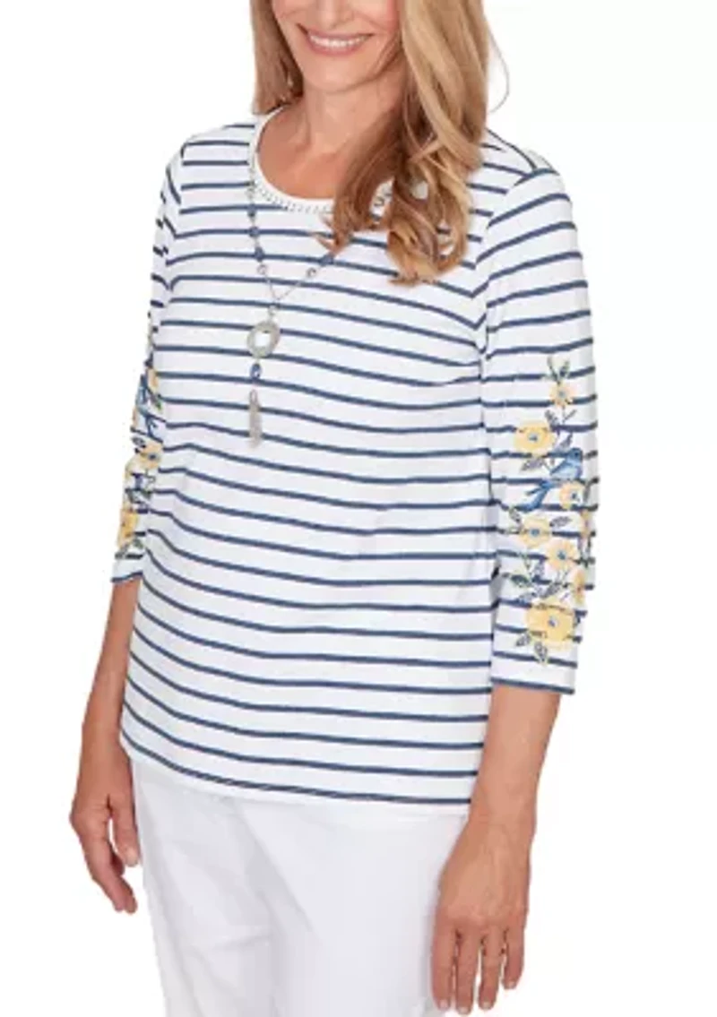 Petite Striped Top with Embroidered 3/4 Sleeves