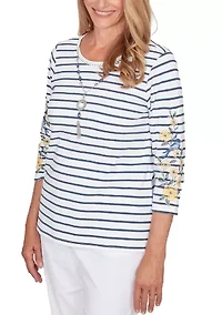 Petite Striped Top with Embroidered 3/4 Sleeves