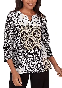 Petite Scroll Geo Patchwork 3/4 Sleeve Shirt