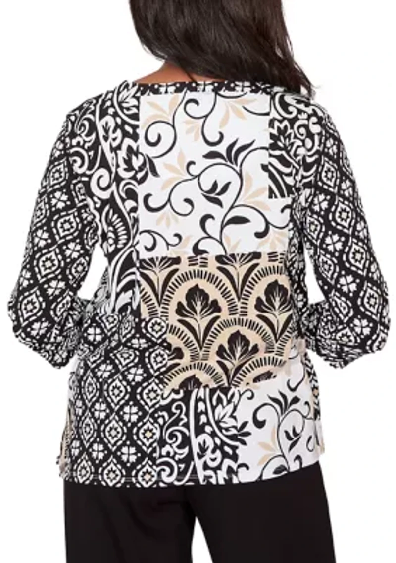 Petite Scroll Geo Patchwork 3/4 Sleeve Shirt