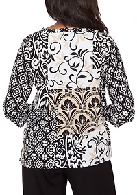 Petite Scroll Geo Patchwork 3/4 Sleeve Shirt