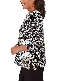 Petite Scroll Geo Patchwork 3/4 Sleeve Shirt