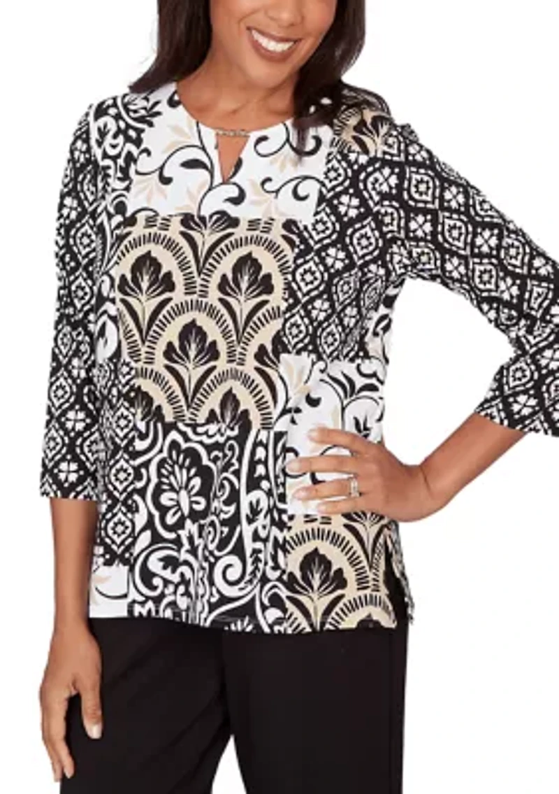 Petite Scroll Geo Patchwork 3/4 Sleeve Shirt