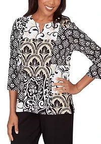 Petite Scroll Geo Patchwork 3/4 Sleeve Shirt