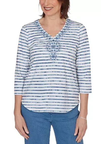 Petite Classics Stripe Embroidery Top