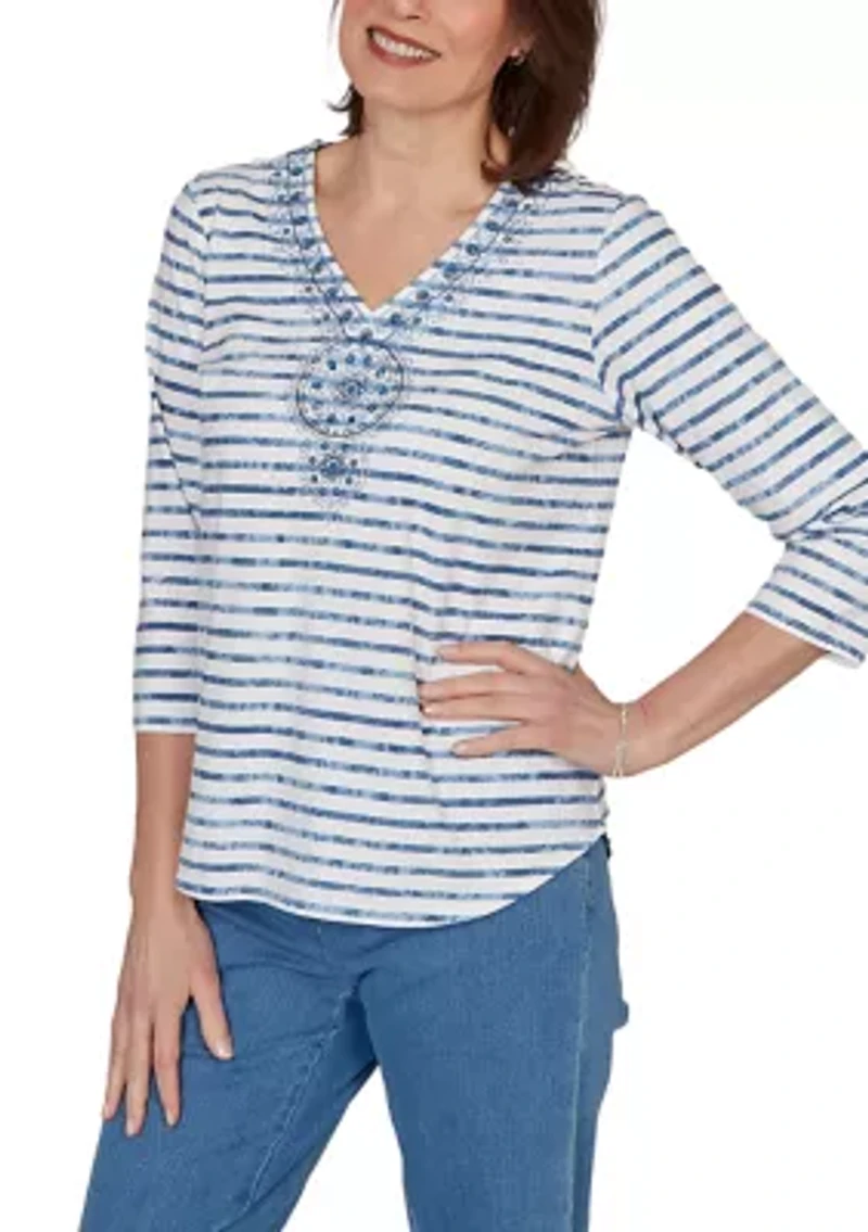 Petite Classics Stripe Embroidery Top