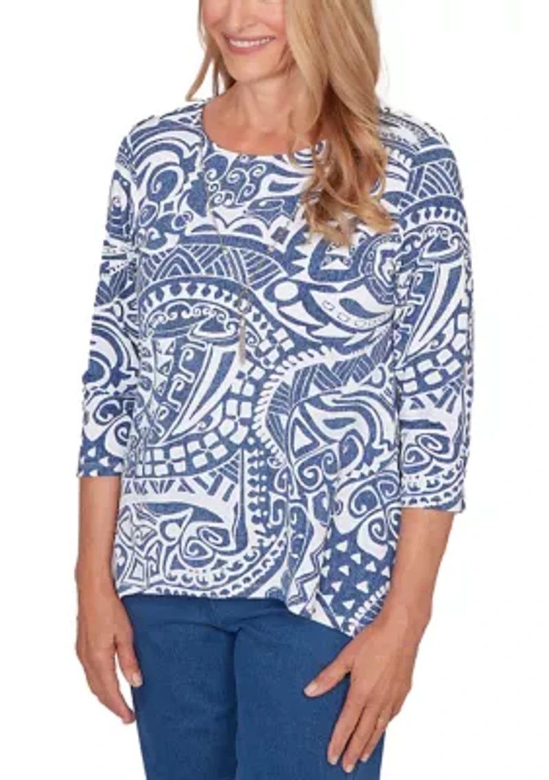 Petite Classic 3/4 Sleeve Batik Scroll Top