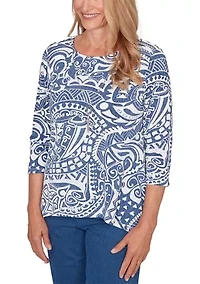 Petite Classic 3/4 Sleeve Batik Scroll Top