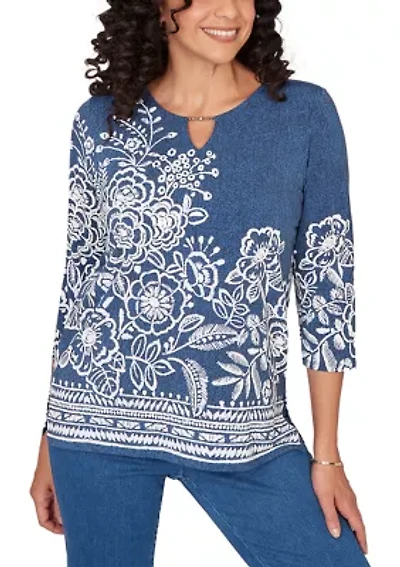 Petite Classics Etched Border Floral 3/4 Sleeve Top