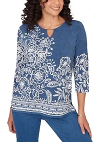 Petite Classics Etched Border Floral 3/4 Sleeve Top