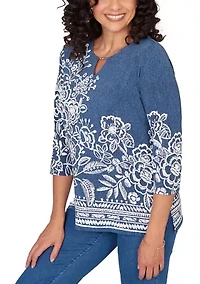 Petite Classics Etched Border Floral 3/4 Sleeve Top