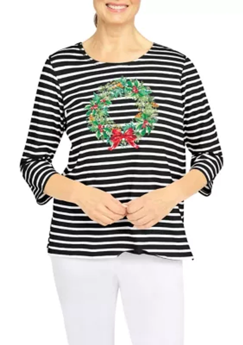 Petite Classic Wreath Stripe Holiday Print Knit Top