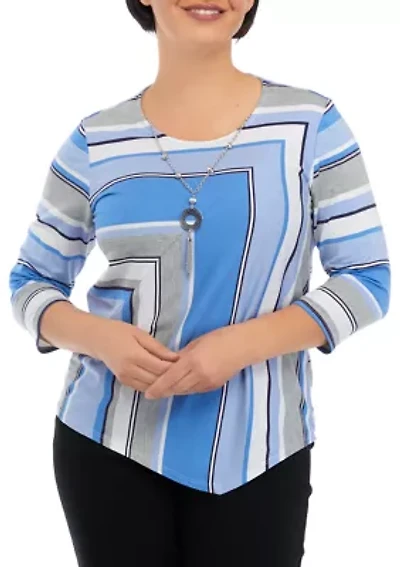 Petite Spliced Stripe Top with Necklace