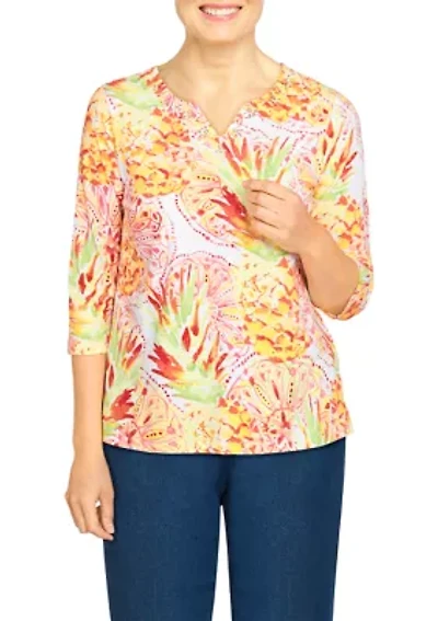 Petite Knit Tropical V-Neck T-Shirt