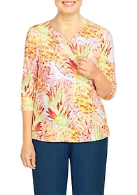 Petite Knit Tropical V-Neck T-Shirt