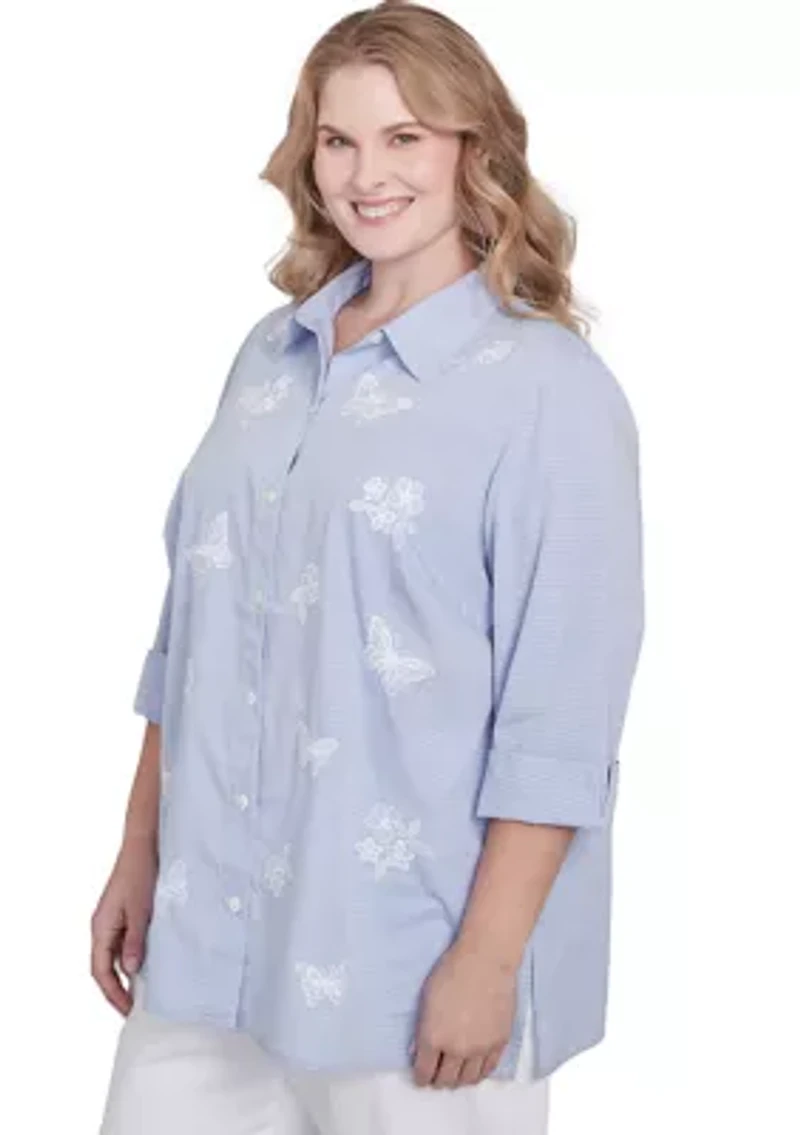 Plus Classics Butterfly Stripe Button Up Top