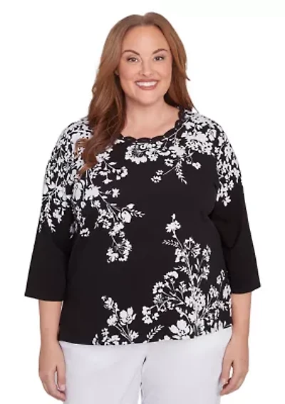 Plus Classics Monotone Asymmetric Floral Top