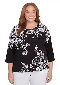 Plus Classics Monotone Asymmetric Floral Top
