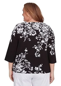 Plus Classics Monotone Asymmetric Floral Top