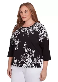 Plus Classics Monotone Asymmetric Floral Top