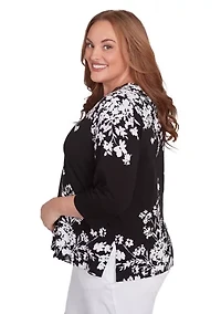 Plus Classics Monotone Asymmetric Floral Top