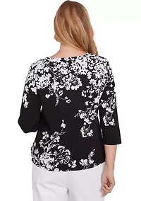 Petite Classics Monotone Asymmetric Floral Printed Top