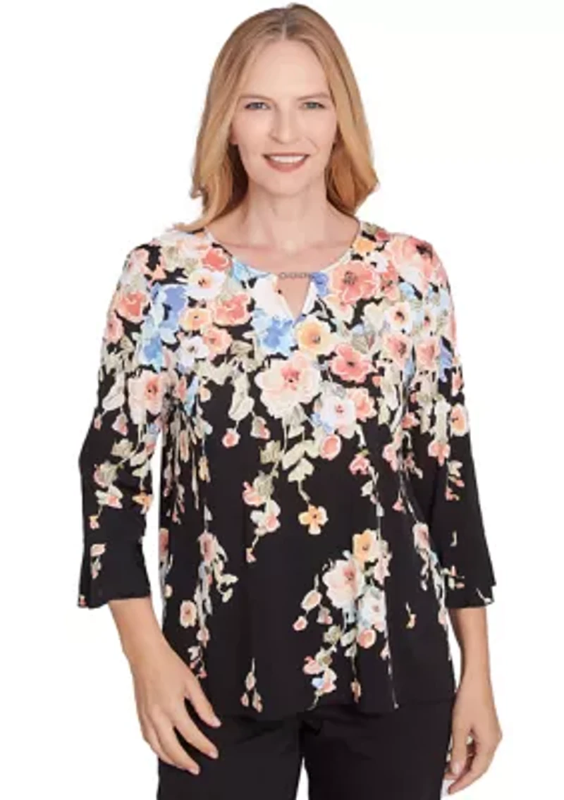 Petite 3/4 Sleeve Falling Flowers Knit Top