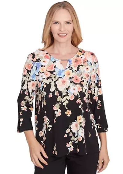 Petite 3/4 Sleeve Falling Flowers Knit Top