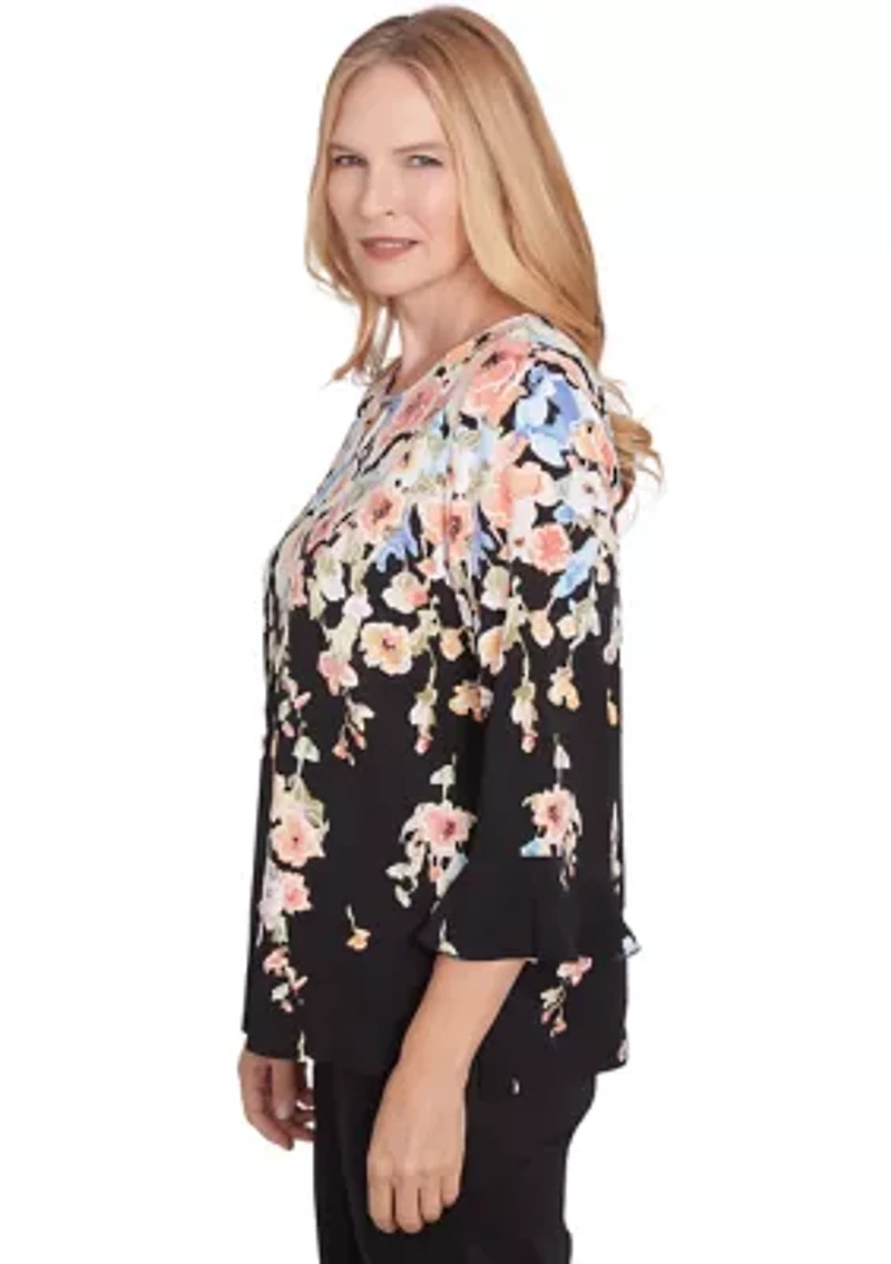 Petite 3/4 Sleeve Falling Flowers Knit Top