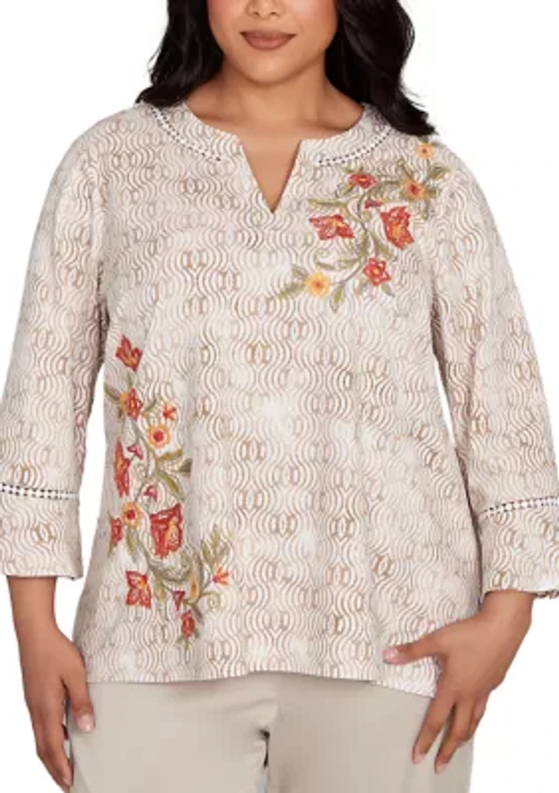 Plus Copper Canyon Print Top with Flower Embroidery