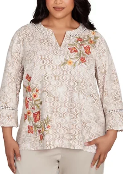 Plus Copper Canyon Print Top with Flower Embroidery