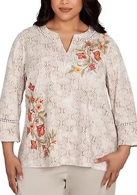 Plus Copper Canyon Print Top with Flower Embroidery