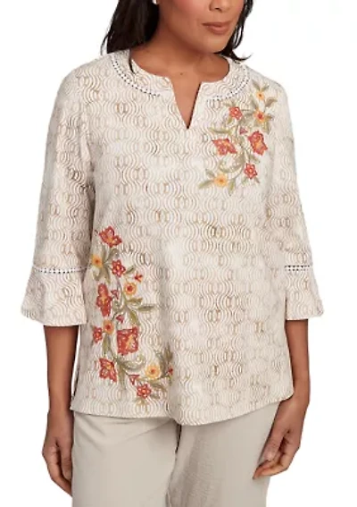 Petite Copper Canyon Print with Flower Embroidery Top