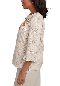Petite Copper Canyon Print with Flower Embroidery Top