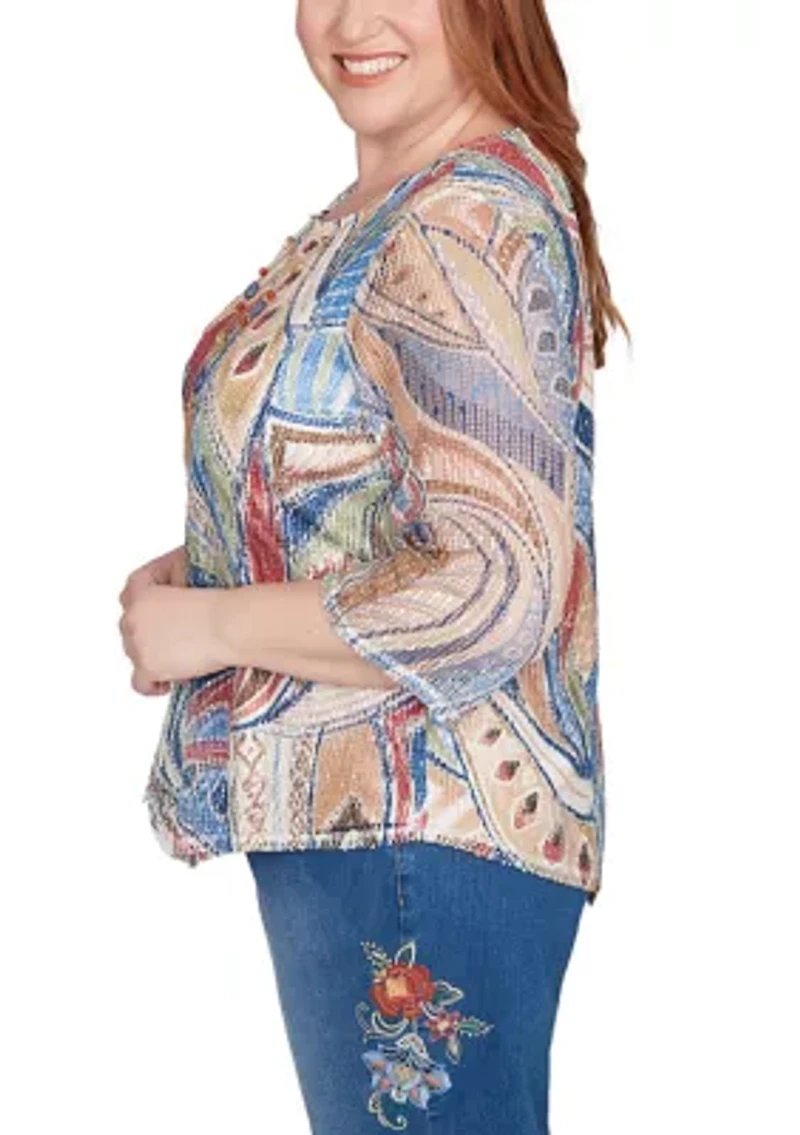 Plus El Paso Print Knit Top with Necklace