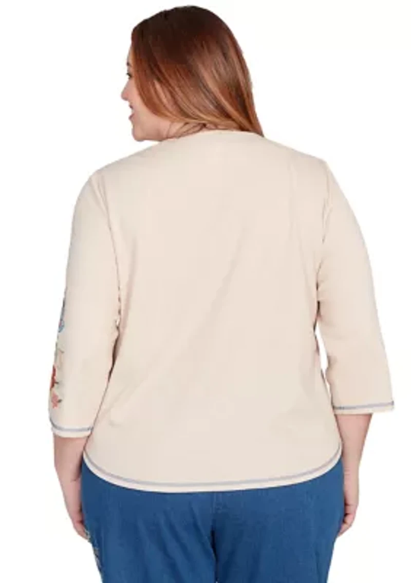 Plus El Paso Asymmetric Flower Embroidery Top