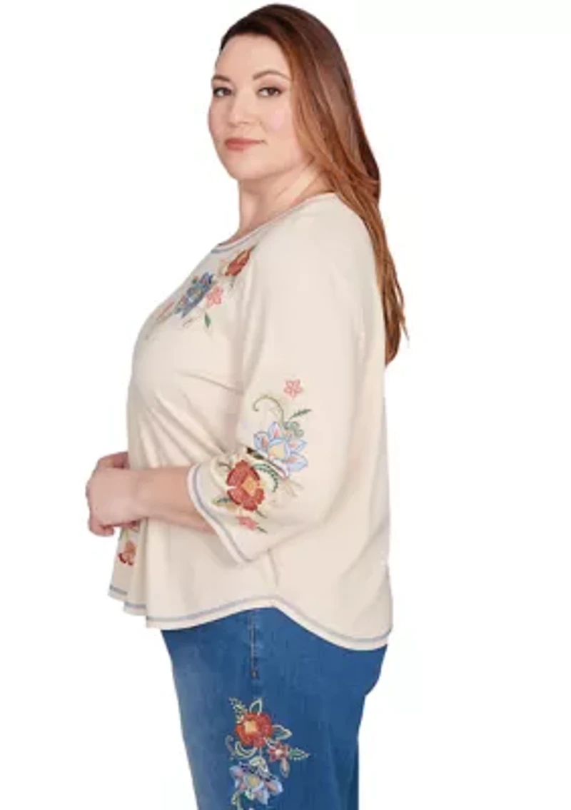 Plus El Paso Asymmetric Flower Embroidery Top
