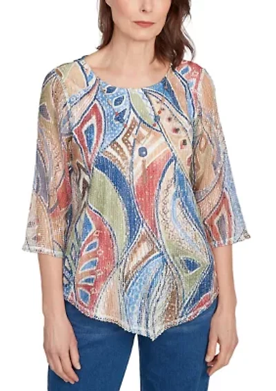 Petite El Paso Print Texture with Necklace Top