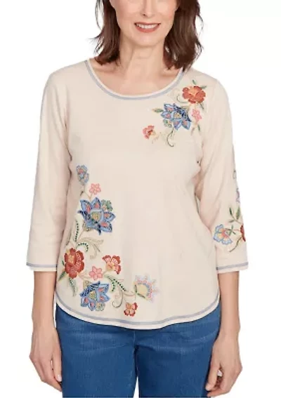 Petite El Paso Asymmetric Flower Embroidery Top