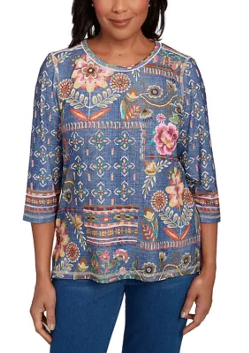 Petite El Paso Denim Floral Patch Top
