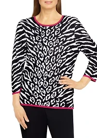 Petite Theater District Crew Neck 3/4 Sleeve Animal Jacquard Sweater