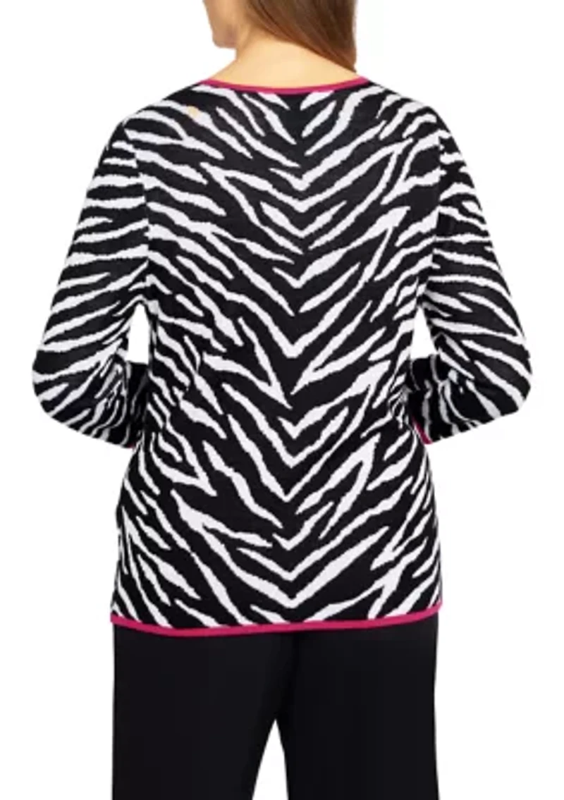 Petite Theater District Crew Neck 3/4 Sleeve Animal Jacquard Sweater