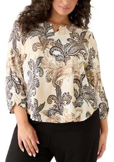 Plus 3/4 Sleeve Paisley Texture Knit Blouse