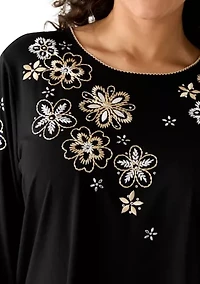 Plus 3/4 Sleeve Embroidered Floral Knit Top