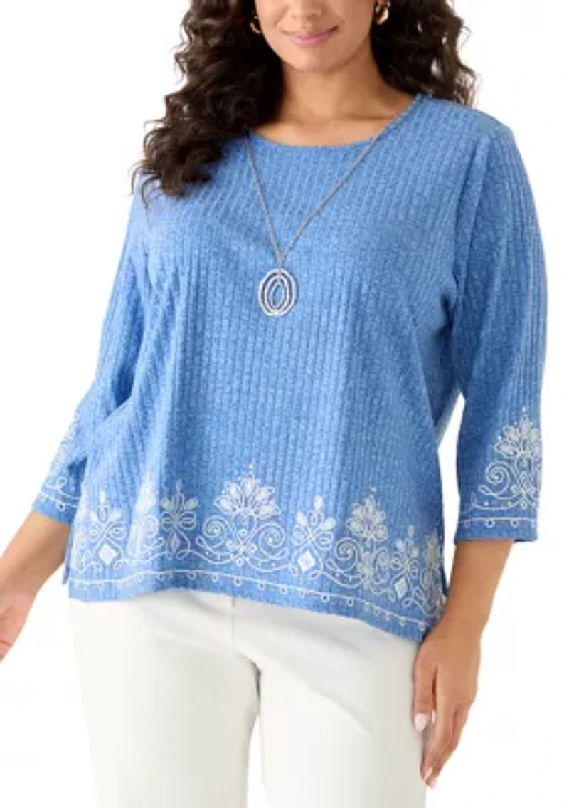 Plus 3/4 Sleeve Embroidered Rib Knit Top