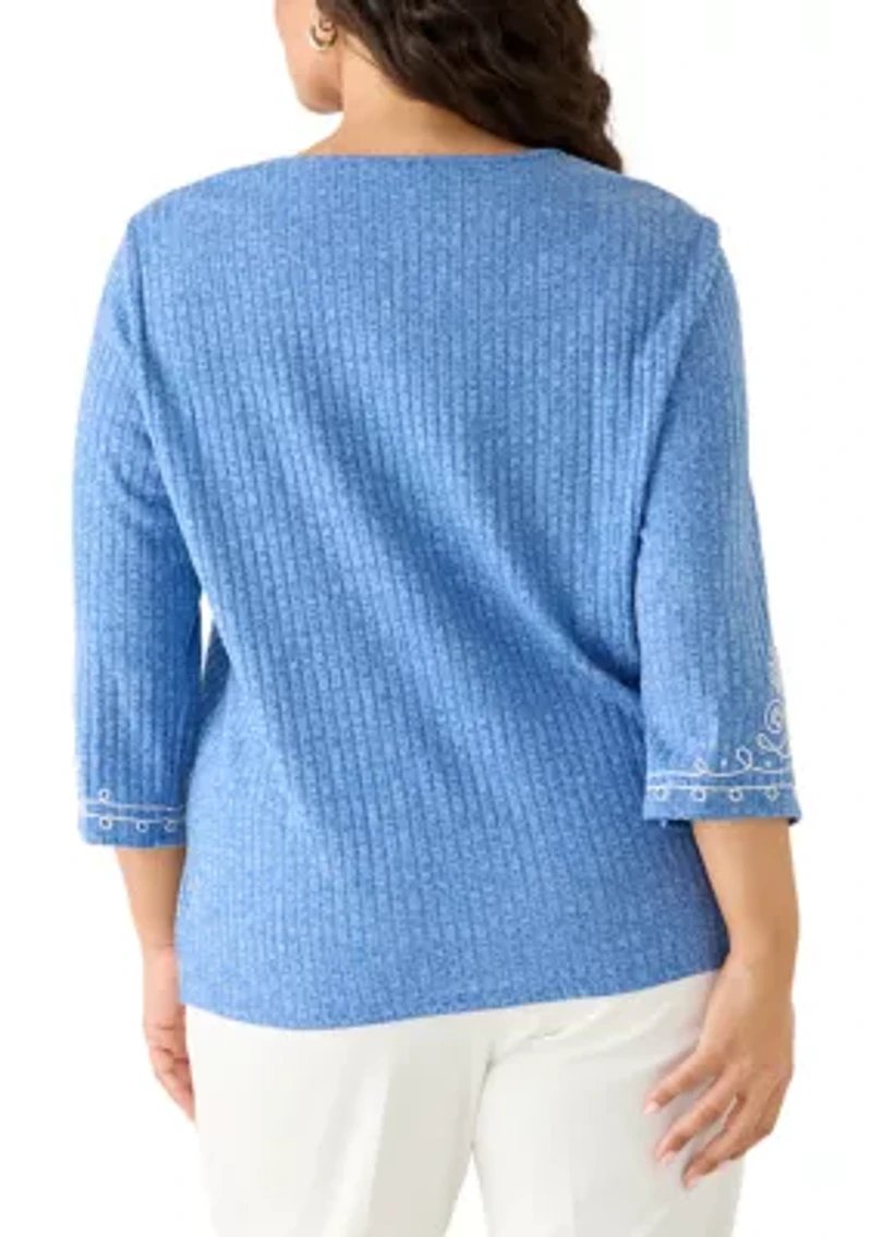 Plus 3/4 Sleeve Embroidered Rib Knit Top